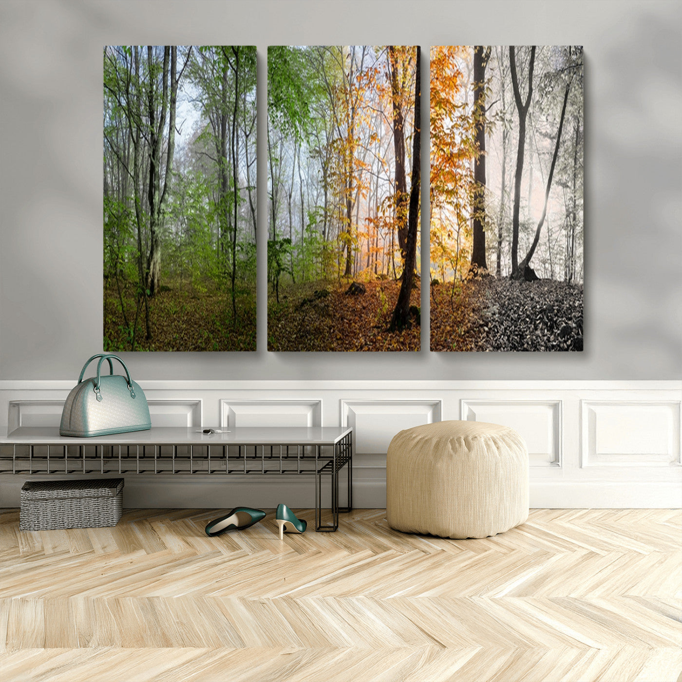 95317-MGV-CV-48X32-3P-Four Seasons Forest Wall Art – Panoramic Nature Canvas Print Showing Spring, Summer, Autumn and Winter Landscape for Living Room,