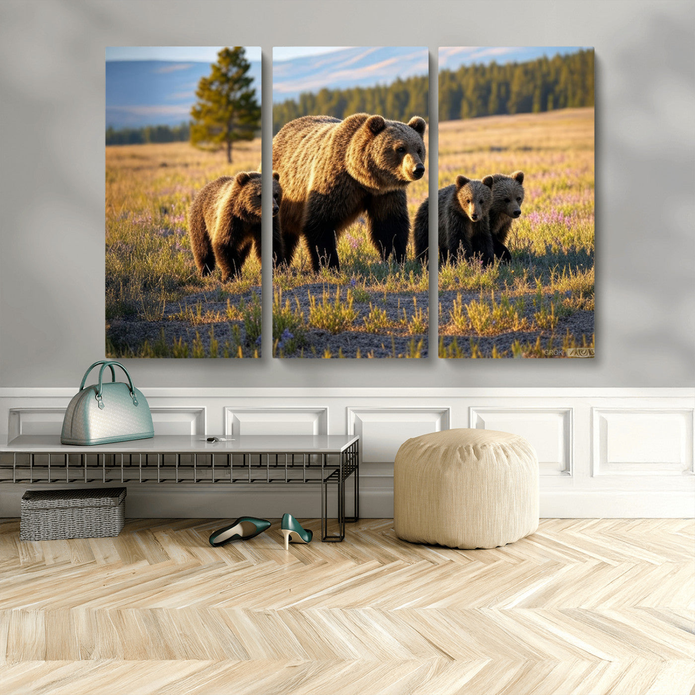 43400-MGV-CV-36X24-Bear Family Wall Art – Wildlife Canvas Print of Mother Bear with Cubs in Sunlit Meadow, Rustic Animal Artwork for Living Room,