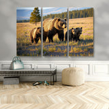 43400-MGV-CV-36X24-Bear Family Wall Art – Wildlife Canvas Print of Mother Bear with Cubs in Sunlit Meadow, Rustic Animal Artwork for Living Room,