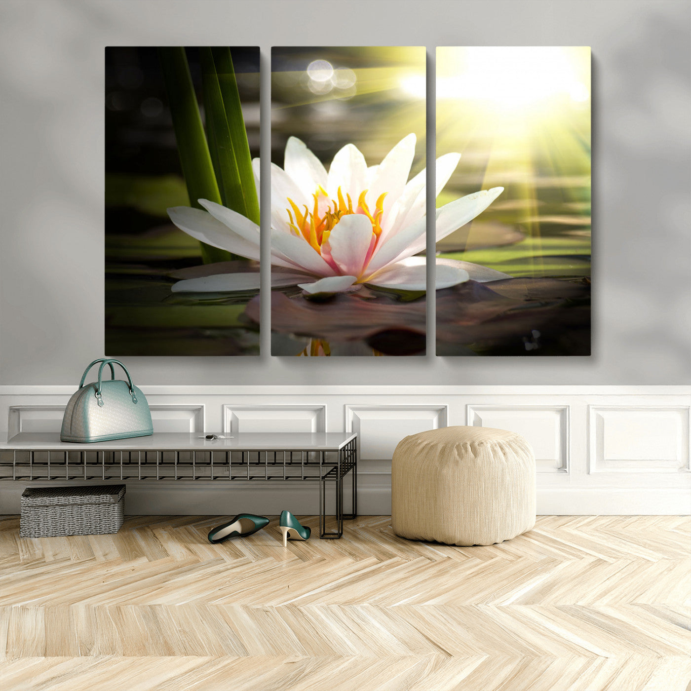 60352-MGV-CV-48X32-3P-White Water Lily Wall Art – Lotus Flower Canvas Print with Sunlight Reflection, Peaceful Botanical Artwork for Living Room,