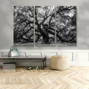 132944706-MGV-CV-48X32-3P-Ancient Tree Wall Art – Black and White Photography Canvas Print Featuring Majestic Twisting Branches, Rustic Nature Artwork for