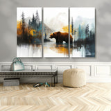 50308-MGV-CV-36X24-Abstract Rustic Bear Wall Art – Forest and Mountain Scene Canvas Print, Nature Artwork for Modern Farmhouse or Log Cabin Decor