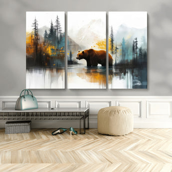 50308-MGV-CV-36X24-Abstract Rustic Bear Wall Art – Forest and Mountain Scene Canvas Print, Nature Artwork for Modern Farmhouse or Log Cabin Decor