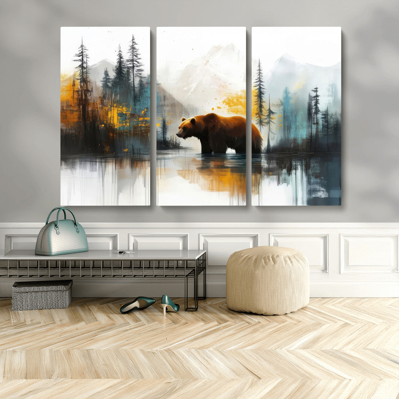 50308-MGV-CV-48X32-3P-Bear Wilderness Wall Art – Mountain Forest Canvas Print, Rustic Cabin Decor with Wildlife Landscape, Nature Artwork for Lodge,