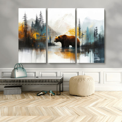 50308-MGV-CV-48X32-3P-Bear Wilderness Wall Art – Mountain Forest Canvas Print, Rustic Cabin Decor with Wildlife Landscape, Nature Artwork for Lodge,