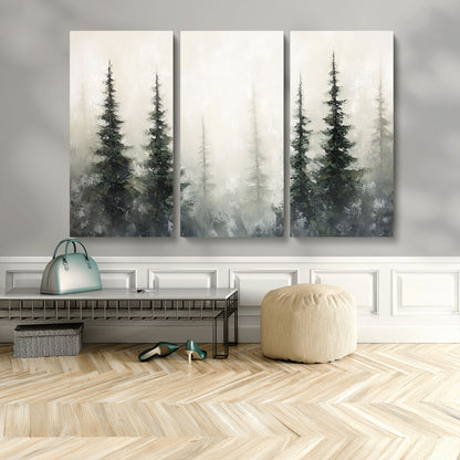 33241-MGV-CV-48X32-3P-Misty Forest Wall Art Canvas Print, Framed Foggy Pines Art Picture Print, Forest Haze Perfect Rustic Minimalist Decor Artwork