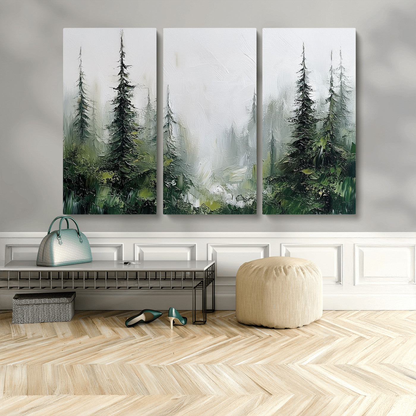 76014-MGV-CV-48X32-3P-Forest Wall Art – Textured Canvas Print Featuring Misty Evergreen Pines and Woodland Landscape, Rustic Nature Artwork for Living
