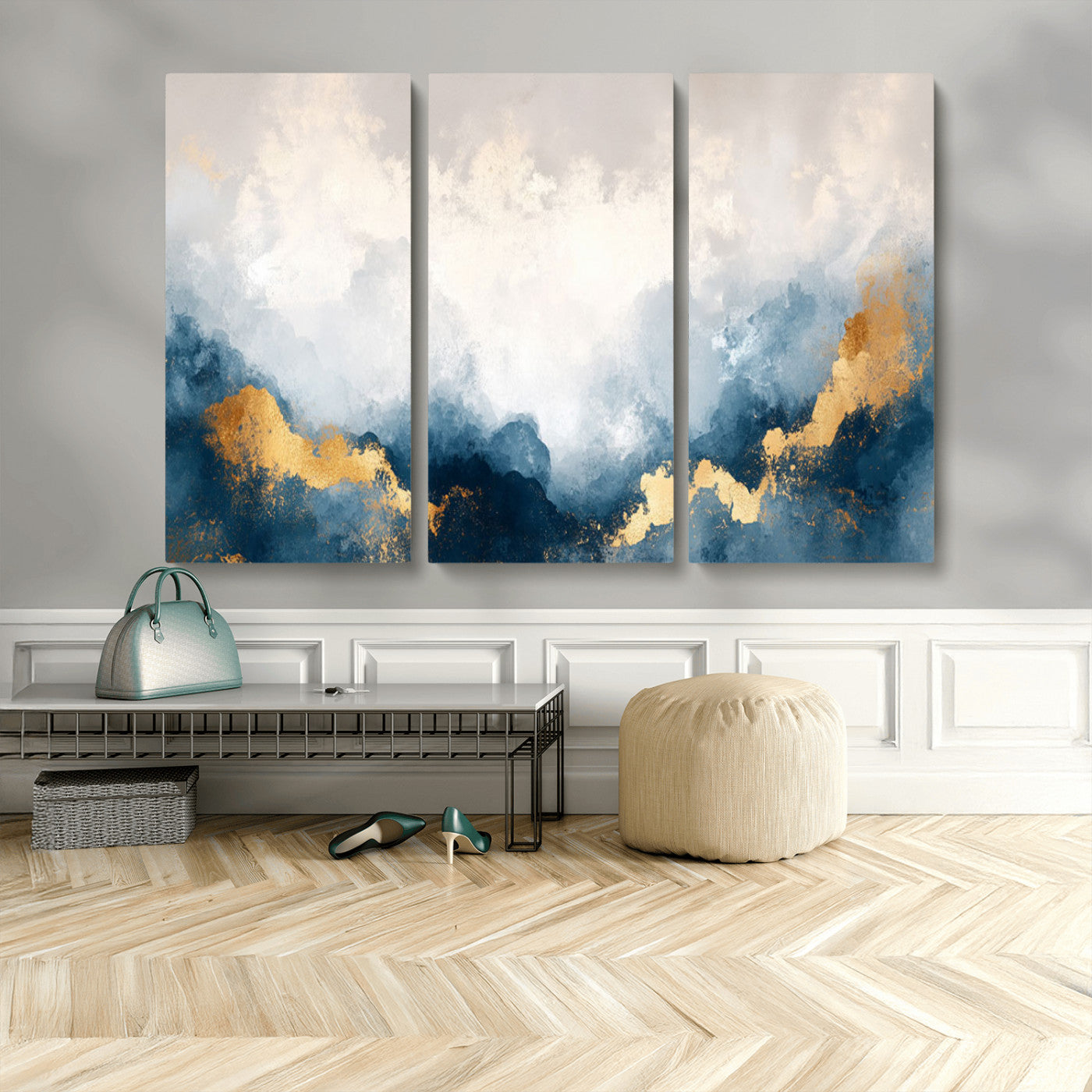 14578-MGV-CV-36X24-Abstract Wall Art – Modern Canvas Print Featuring Blue and White Clouds with Golden Accents, Contemporary Elegant Artwork for