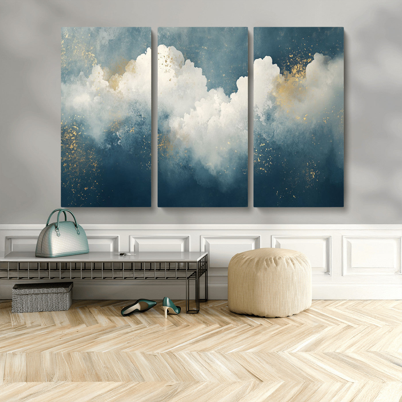 75131-MGV-CV-48X32-3P-Abstract Cloud Wall Art – Modern Canvas Print Featuring Blue and White Clouds with Golden Accents, Contemporary Artwork for Living
