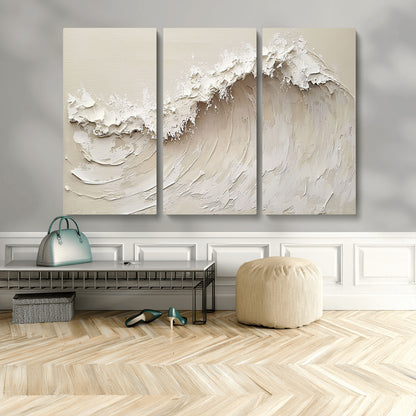 45175-MGV-CV-48X32-3P-Textured Wave Wall Art Canvas Print, Framed Minimal Seascape Art Picture Print, Elegant Wave Perfect Modern Coastal Decor Artwork