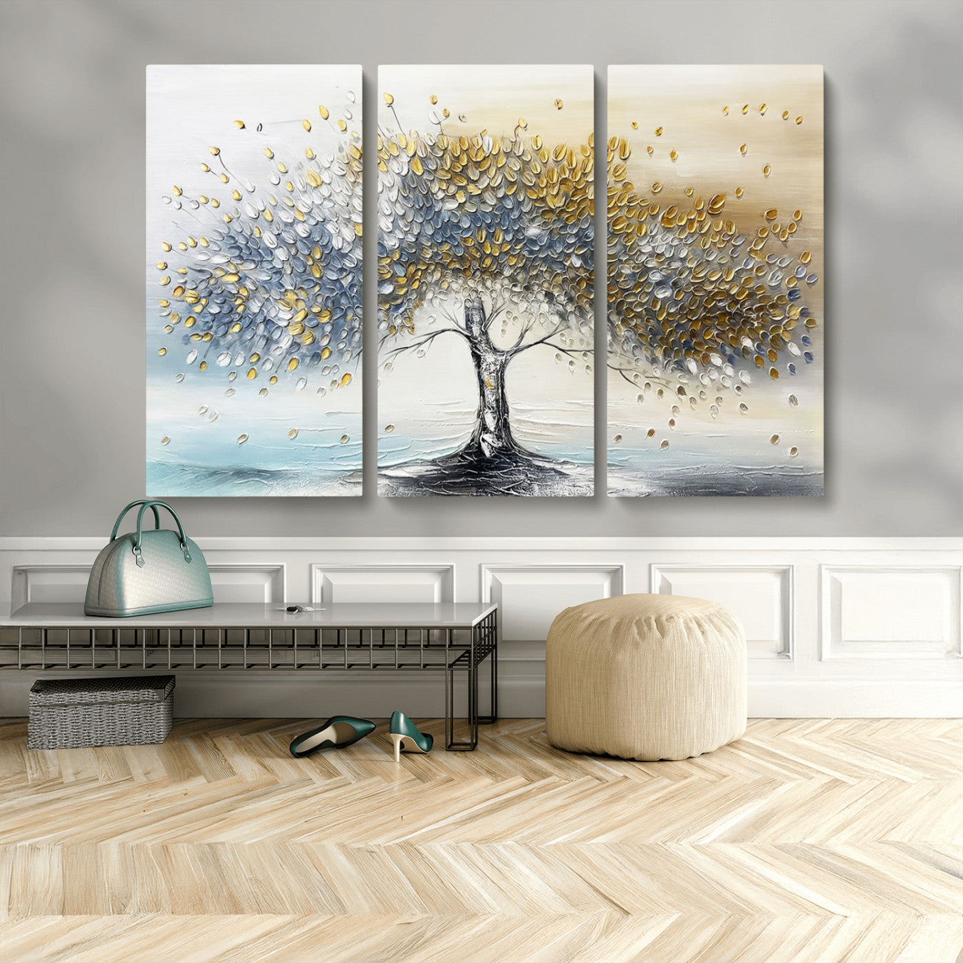 24771-MGV-CV-48X32-3P-Silver Tree Wall Art Canvas Print, Framed Golden Leaves Art Picture Print, Metallic Tree Perfect Minimalist Luxury Decor Artwork