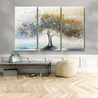 24771-MGV-CV-48X32-3P-Silver Tree Wall Art Canvas Print, Framed Golden Leaves Art Picture Print, Metallic Tree Perfect Minimalist Luxury Decor Artwork