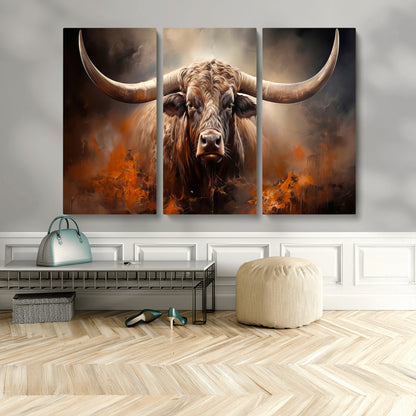 240479-MGV-CV-48X32-3P-Longhorn Bull Wall Art – Dramatic Western Canvas Print Featuring Horned Bull with Fiery Background, Rustic Farmhouse Artwork for