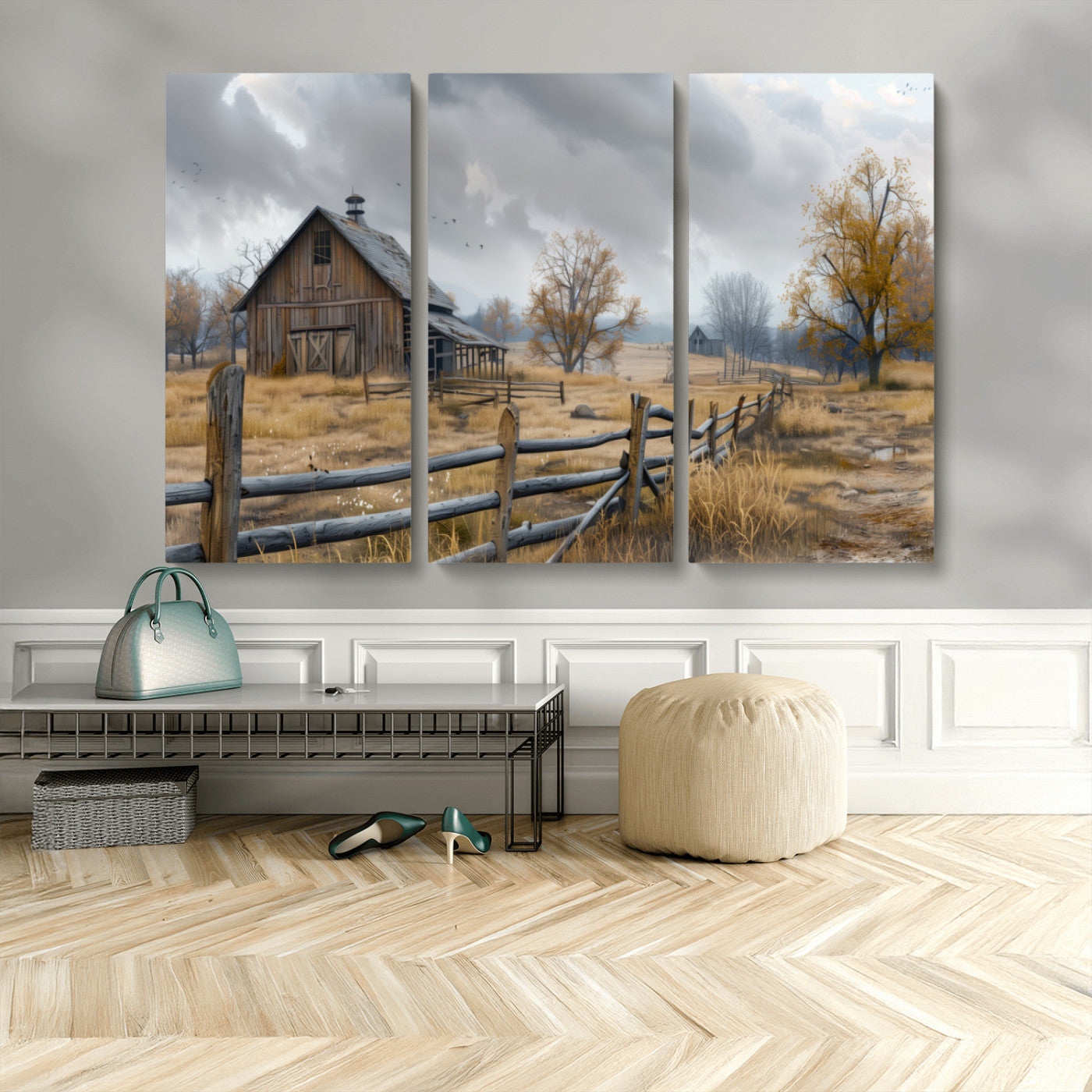 Farm1-MGV-CV-36X24-Rustic Autumn Farmhouse Wall Art – Serene Countryside Scene Canvas Print, Weathered Barn and Autumn Trees Decor for Living Room,