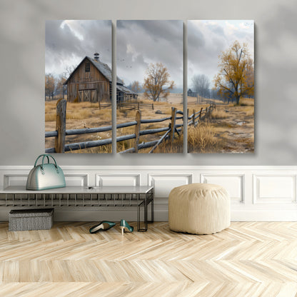 Farm1-MGV-CV-36X24-Rustic Autumn Farmhouse Wall Art – Serene Countryside Scene Canvas Print, Weathered Barn and Autumn Trees Decor for Living Room,