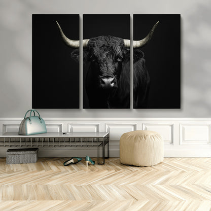 97914921-MGV-CV-48X32-3P-Black Bull Wall Art Canvas Print, Framed Longhorn Bull Art Picture Print, Western Bull Perfect Monochrome Western Decor Artwork