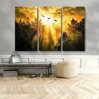 13776802-MGV-CV-48X32-3P-Golden Forest Wall Art Canvas Print, Framed Sunset Pines Art Picture Print, Flying Birds Perfect Nature Glow Decor Artwork