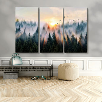 56391411-MGV-CV-48X32-3P-Misty Forest Wall Art Canvas Print, Framed Sunrise Pines Art Picture Print, Moody Pines Perfect Serene Woodland Decor Artwork