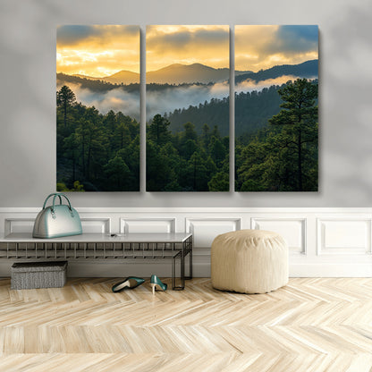 68082278-MGV-CV-48X32-3P-Mountain Sunrise Wall Art Canvas Print, Framed Pine Forest Art Picture Print, Misty Mountains Perfect Earthy Woodland Decor