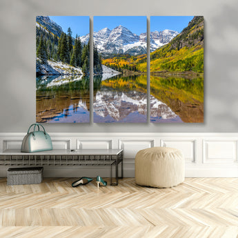 87724099-MGV-CV-48X32-3P-Maroon Bells Wall Art Canvas Print, Framed Snowy Mountains Art Picture Print, Pine Forest Perfect Vibrant Alpine Decor Artwork