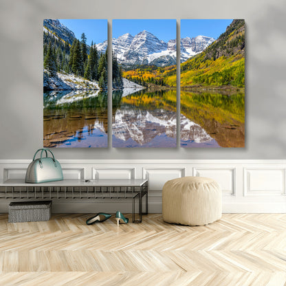 87724099-MGV-CV-48X32-3P-Maroon Bells Wall Art Canvas Print, Framed Snowy Mountains Art Picture Print, Pine Forest Perfect Vibrant Alpine Decor Artwork