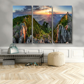 51582565-MGV-CV-48X32-3P-Mountain Sunrise Panorama Wall Art – Scenic Landscape Canvas Print, Hiking Adventure Nature Photography, Large Mountain Range Wall