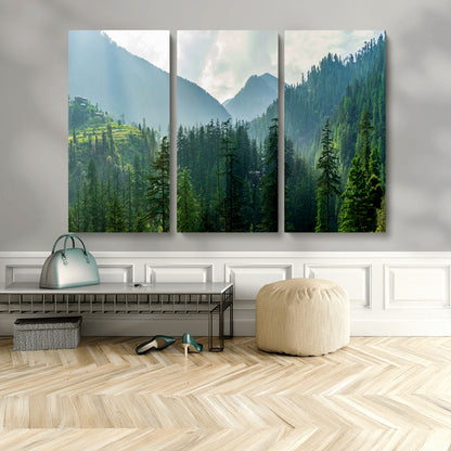 83417191-MGV-CV-36X24-Misty Mountain Forest Wall Art – Pine Tree Landscape Canvas Print, Nature Photography Panorama, Tranquil Green Forest Décor for