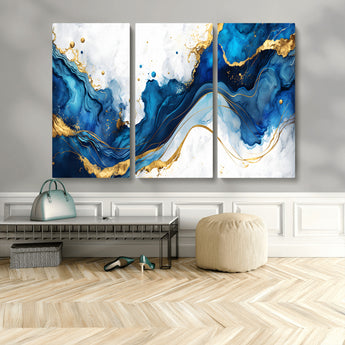 33506371-MGV-CV-48X32-3P-Blue Marble Wall Art Canvas Print, Framed Gold Splash Art Picture Print, Abstract Wave Perfect Modern Luxe Decor Artwork