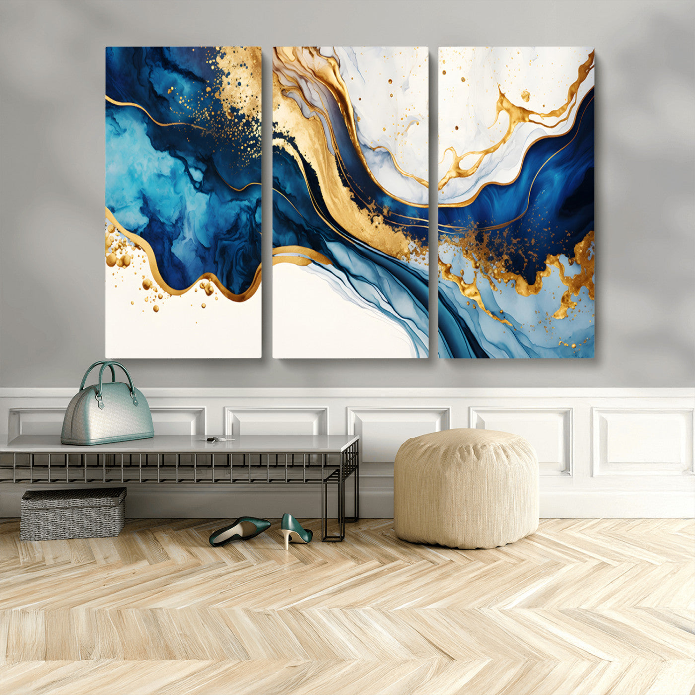 60283636-MGV-CV-48X32-3P-Blue Gold Flow Wall Art Canvas Print, Framed Marble Texture Art Picture Print, Elegant Splash Perfect Elegant Abstract Decor