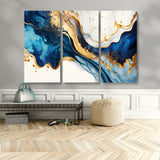 60283636-MGV-CV-48X32-3P-Blue Gold Flow Wall Art Canvas Print, Framed Marble Texture Art Picture Print, Elegant Splash Perfect Elegant Abstract Decor
