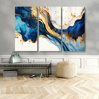 60283636-MGV-CV-48X32-3P-Blue Gold Flow Wall Art Canvas Print, Framed Marble Texture Art Picture Print, Elegant Splash Perfect Elegant Abstract Decor