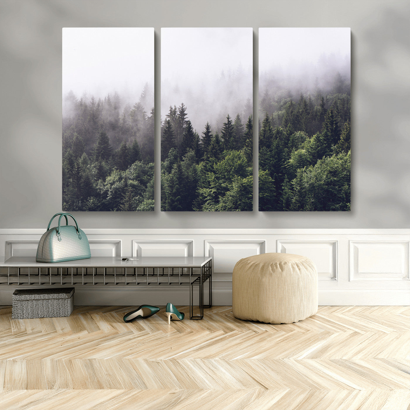 62890402-MGV-CV-48X32-3P-Misty Forest Wall Art Canvas Print, Framed Foggy Pines Art Picture Print, Pine Valley Perfect Moody Woodland Decor Artwork
