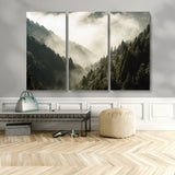 57570237-MGV-CV-48X32-3P-Misty Valley Wall Art Canvas Print, Framed Foggy Forest Art Picture Print, Pine Trees Perfect Moody Woodland Decor Artwork