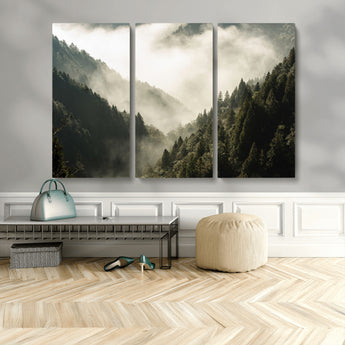 57570237-MGV-CV-48X32-3P-Misty Valley Wall Art Canvas Print, Framed Foggy Forest Art Picture Print, Pine Trees Perfect Moody Woodland Decor Artwork
