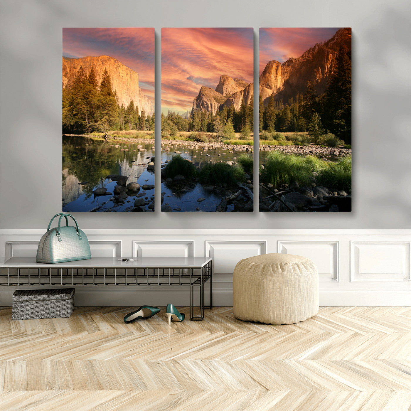 31199457-MGV-CV-48X32-3P-Yosemite Valley Wall Art Canvas Print, Framed El Capitan Art Picture Print, Sunset Sky Perfect Vibrant Western Decor Artwork