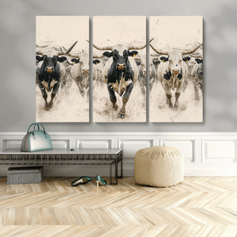61538944-MGV-CV-48X32-3P-Texas Longhorn Wall Art Canvas Print, Framed Cattles Walking Art Picture Print, Black White Bulls Perfect Rustic Western Decor