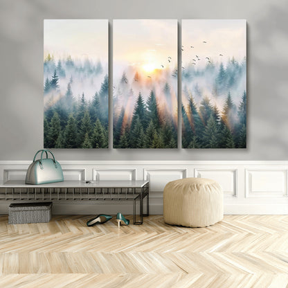 92718976-MGV-CV-48X32-3P-Misty Forest Wall Art Canvas Print, Framed Sunrise Pines Art Picture Print, Foggy Woodland Perfect Moody Woodland Decor Artwork