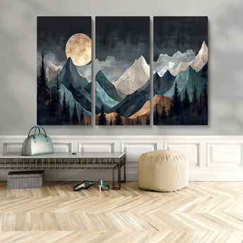 11060882-MGV-CV-36X24-Moonlit Mountains Wall Art Canvas Print, Framed Forest Silhouette Art Picture Print, Night Landscape Perfect Modern Forest Decor