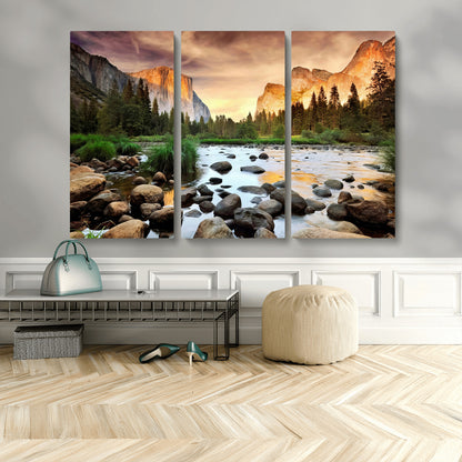 90956031-MGV-CV-48X32-3P-Yosemite Valley Wall Art – Scenic Mountain River Landscape Canvas Print, Nature Photography for Living Room, Bedroom, Cabin,