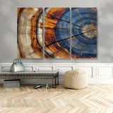 18032999-MGV-CV-48X32-3P-Tree Ring Wall Art – Blue Brown Abstract Wood Slice Canvas Print, Rustic Modern Nature Decor for Living Room, Office, Bedroom or