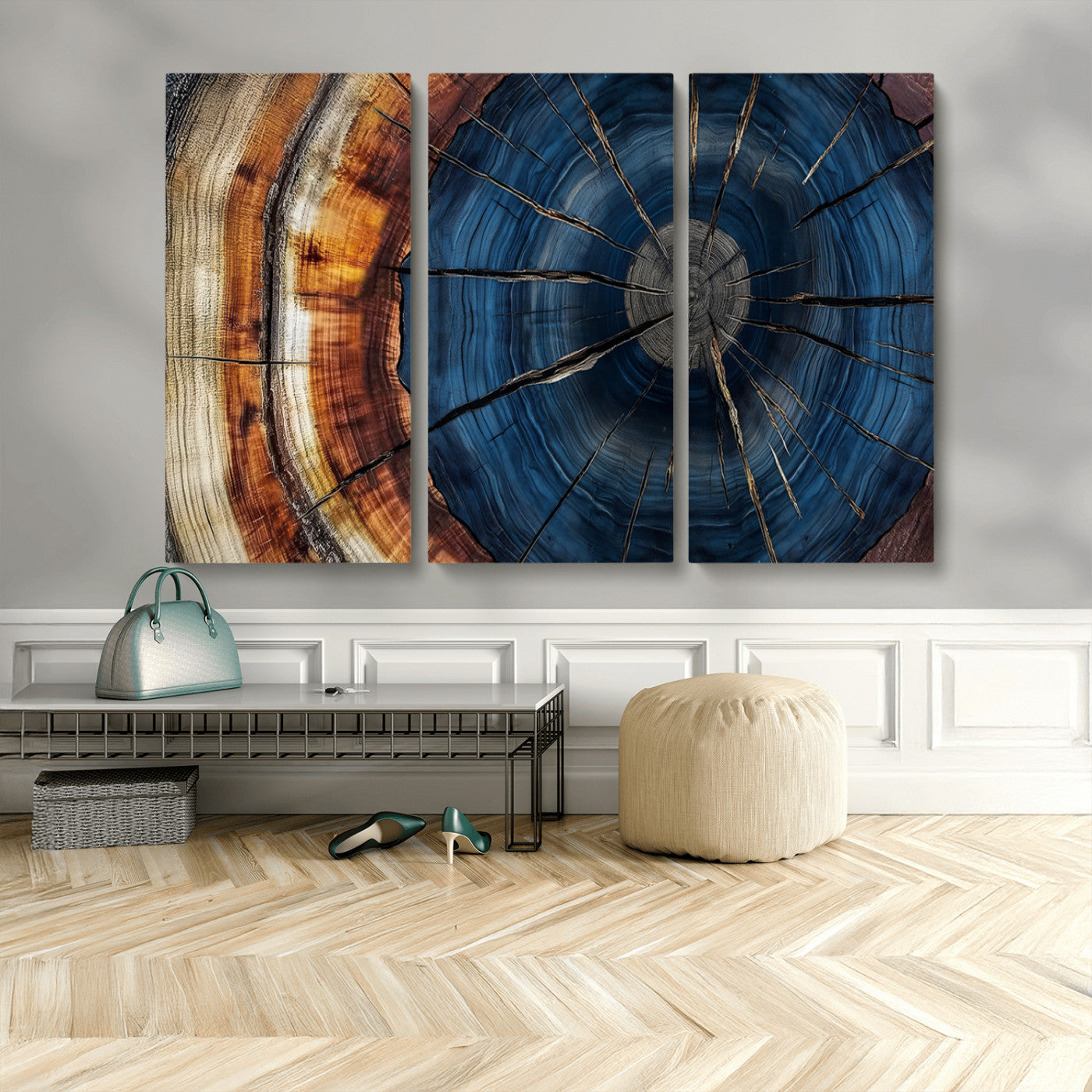60099360-MGV-CV-48X32-3P-Blue Tree Ring Wall Art – Rustic Wood Grain Canvas Print, Modern Abstract Artwork with Natural Texture for Living Room, Bedroom,