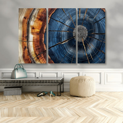 45268471-MGV-CV-48X32-3P-Blue Tree Ring Wall Art – Rustic Wood Cross Section Canvas Print, Modern Abstract Nature Decor for Living Room, Office, or Cabin