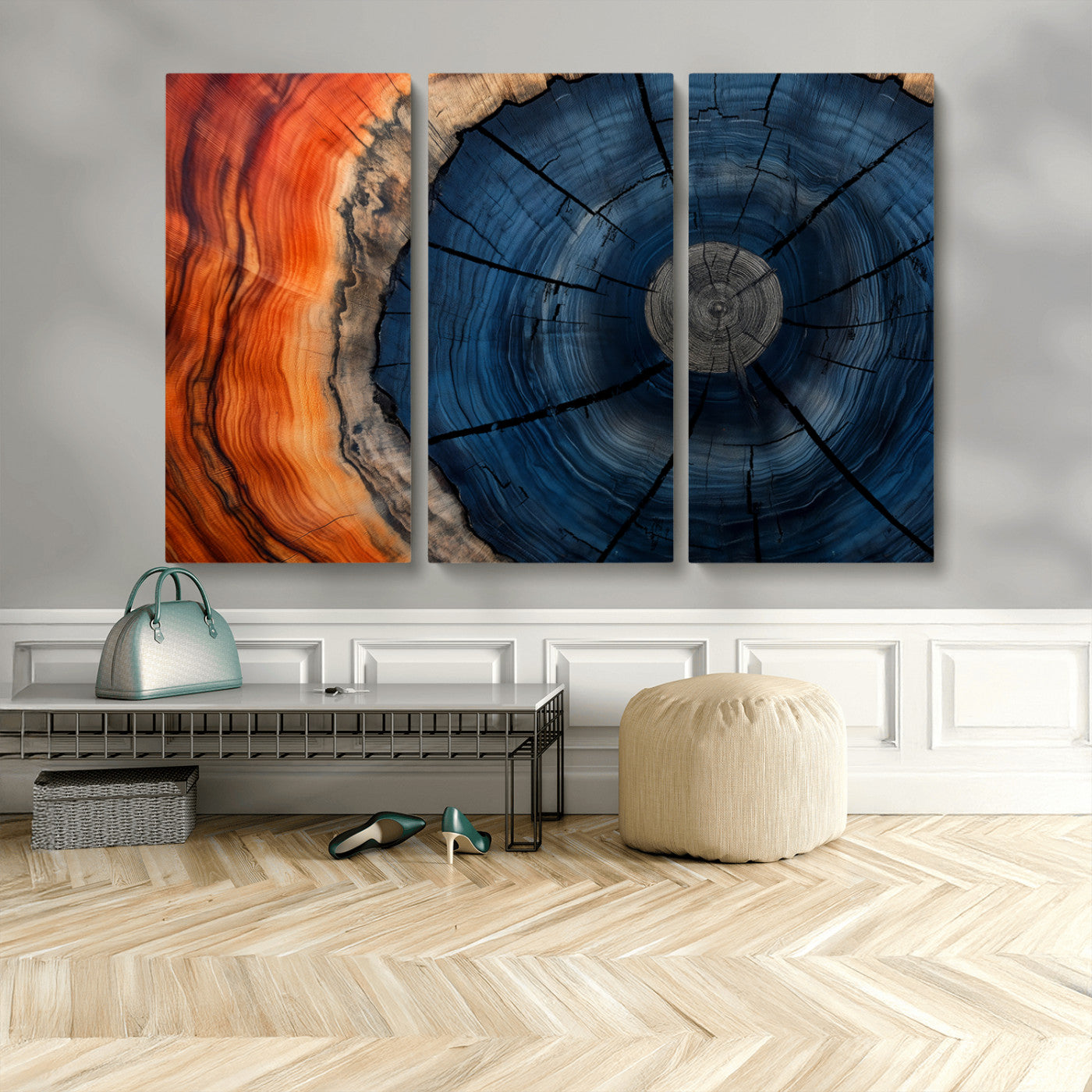 26110607-MGV-CV-48X32-3P-Blue and Orange Tree Ring Wall Art – Abstract Wood Cross Section Canvas Print, Modern Rustic Nature Decor for Living Room, Office,