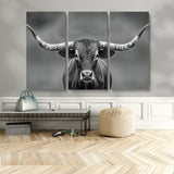81228550-MGV-CV-48X32-3P-Framed Texas Longhorn Bull Art Canvas Print, Western Bull Wall Art Print, Long Horn Bull Photo Print for Log Cabin, Large Bull