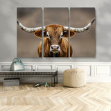 12179171-MGV-CV-36X24-Texas Longhorn Wall Art Canvas Print, Framed Brown Bull Art Picture Print, Lone Cattle Perfect Rustic Western Decor Artwork