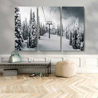 31156828-MGV-CV-48X32-3P-Snowy Pines Wall Art Canvas Print, Framed Ski Lift Art Picture Print, Winter Forest Perfect Moody Lodge Decor Artwork