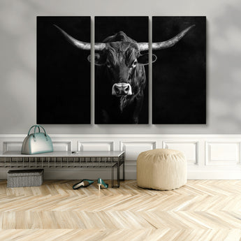 42077175-MGV-CV-36X24-Texas Longhorn Wall Art Canvas Print, Framed Monochrome Bull Art Picture Print, Horned Bull Perfect Rustic Western Decor Artwork