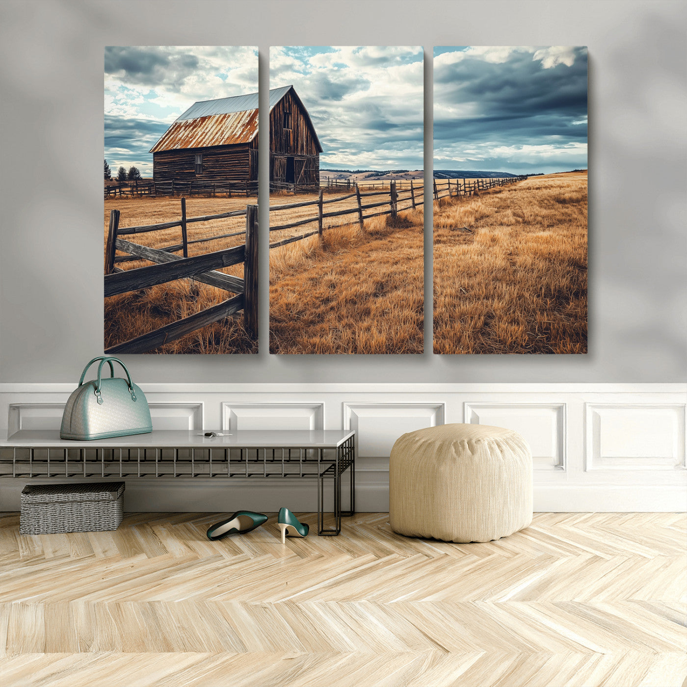 69356982-MGV-CV-48X32-3P-Old Barn Wall Art Canvas Print, Framed Rustic Fence Art Picture Print, Wooden Farmhouse Perfect Rustic Farmhouse Decor Artwork