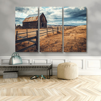 69356982-MGV-CV-48X32-3P-Old Barn Wall Art Canvas Print, Framed Rustic Fence Art Picture Print, Wooden Farmhouse Perfect Rustic Farmhouse Decor Artwork