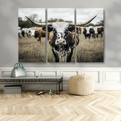 79025945-MGV-CV-36X24-Texas Longhorn Wall Art Canvas Print, Framed Speckled Cow Art Picture Print, Horned Cattle Perfect Rustic Western Decor Artwork
